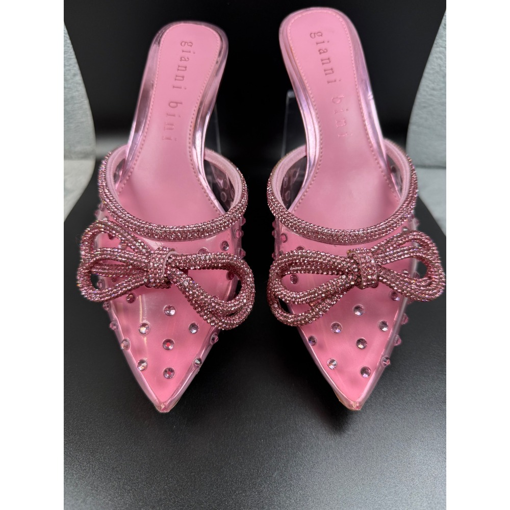 Gianni Bini Pink Rhinestone Bow Mules Pointed Toe Kitten Heel Slides 6M - Picture 2 of 9